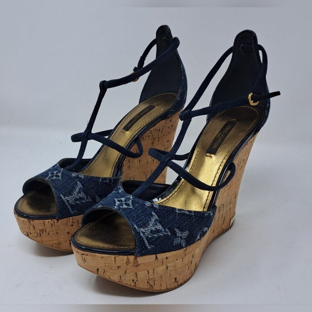 Louis Vuitton Monogram Denim Wedge Platform Ankle Wrap Pumps Shoes 7.5 / 37.5 EU